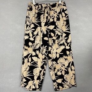 Rafaella Pants Women's L Tropical Print Linen Blend Drawstring Wide Leg Crop